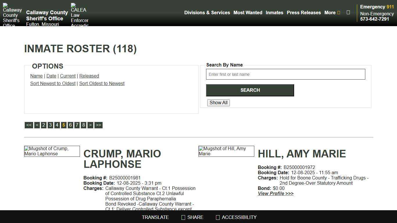 Inmate Roster - Page 5 Current Inmates Booking Date Descending - Callaway County Sheriff's Office, Missouri